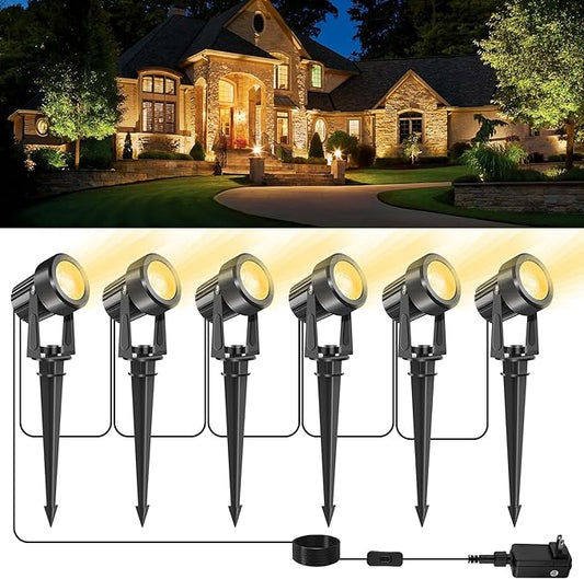 LED Spotlight Outdoor,Low Voltage Landscape Lighting IP65 Waterproof with US Plug, 3000K Warm White Outdoor Spot Lights for Yard Flag Pole House Garden Tree(6-in-1)