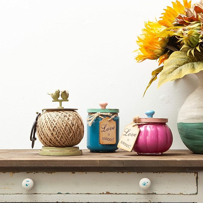 SOFFEE DESIGN Vintage Jute Twine Spool with Scissors Holder Set for Garden Farmhouse Kitchen Antique Twine and Scissors Set Green Birds