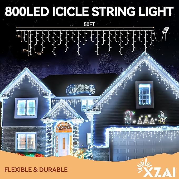 XZAI Solar Icicle String Lights 800LED 50FT Cool White Remote Connectable 2400mAh USB Rechargeable 8 Modes Timer Dimmable IP65 Waterproof Twinkle for Outdoor Christmas & Wedding & Party Decors