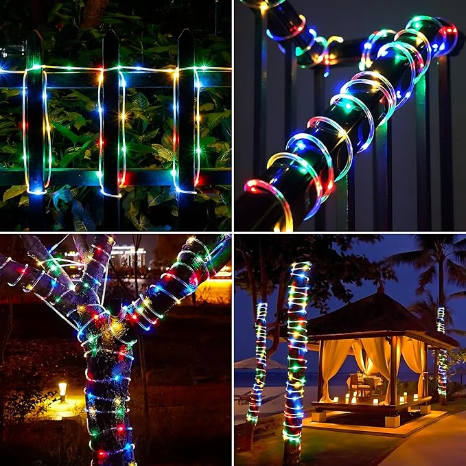 Solar Rope Lights, 66ft 200LED Solar String Lights, 8 Modes Waterproof Solar Powered Outdoor Light, Flexible Clear Tube Light for Garden, Backyard, Patio, Deck, Porch, Pool, Tree Decor - Multicolor