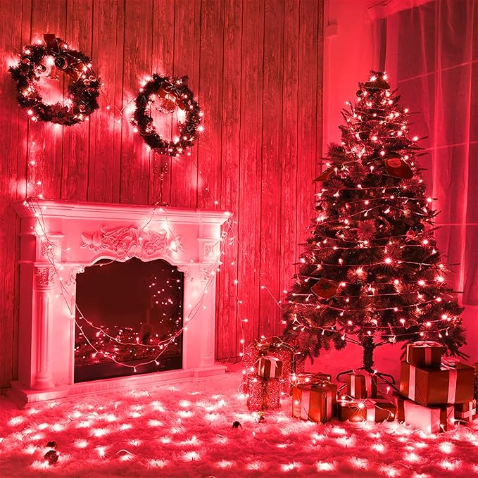 Vivideal 300 LED Red Christmas Lights, 99ft String Lights Indoor 8 Modes Clear Wire, Connectable Waterproof Plug in Red String Lights for Bedroom Indoor Outdoor Halloween Christmas Decorations