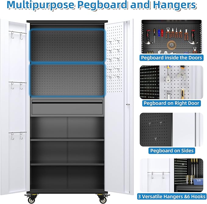 Metal Garage Cabinet with Wheels,71''H Rolling Lockable Steel Tool Storage Cabinet with Pegboard &1 Drawer for Garage,Home,Office,Black Gray, Assembly Required