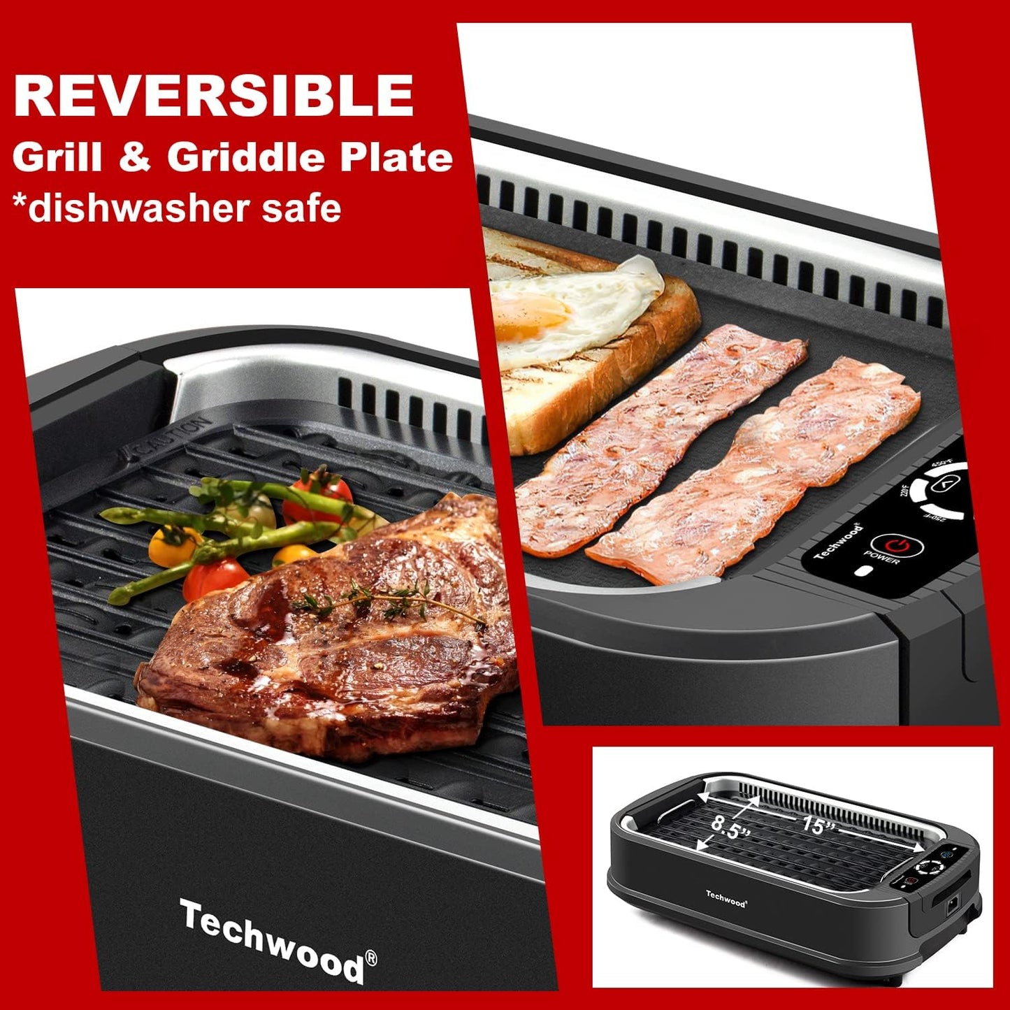 Techwood Indoor Grill Smokeless Grill, Electric Korean BBQ Grill with Glass Lid, Turbo Smoke Extractor Technology, Dishwasher-Safe Drip Tray & Nonstick Grilling Removable Plate, Black, 1500W