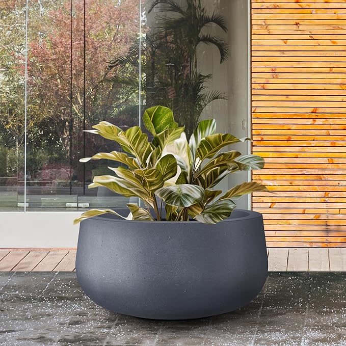 Kante 15.7" Dia Round Concrete Planter, Outdoor Indoor Garden Plant Pots with Drainage Hole and Rubber Plug, Modern Curvaceous Design, Charcoal