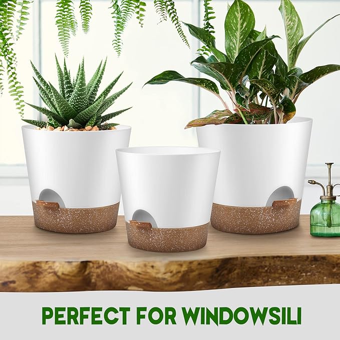 Indoor Outdoor Plant Pots- Self Watering Planters with Drainage Holes and Saucers, 9,8, 7.5 Inches, 3 Pots (Snow)
