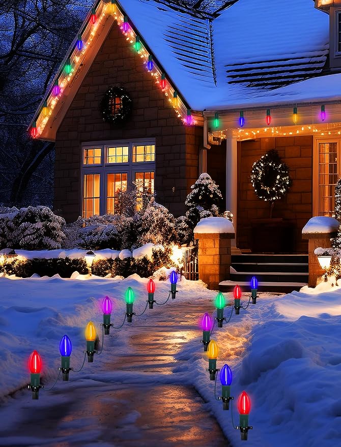 C9 LED Christmas Pathway Lights Outdoor 38Ft 25 LED C9 Multicolor Bulbs Christmas Pathway Stakes Lights, Connectable Outdoor Christmas Walkway Lights for Yard Patio Sidewalk Driveway Garden Lawn Decor