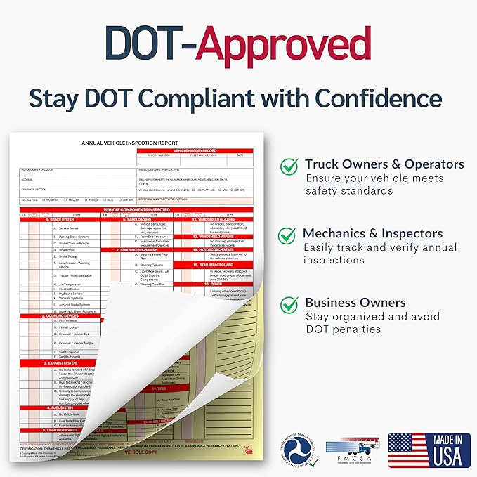 5 Pack 3-Ply Carbonless Annual Vehicle Inspection Report Forms with FMCSA 2-Ply Mylar Laminate Adhesive Vinyl Labels, DOT Inspection Forms and Stickers, Shrink-Wrapped, 8.5" x 11.75" - Made in USA