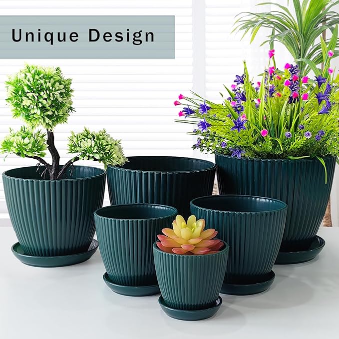 Plant Planters with Drainage Holes and Trays Pack of 6 Plant Pots Indoor and Outdoor Flowers Pots Different Size Plastic Pots, Dark Green