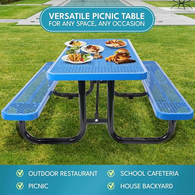 6 ft. Rectangular Outdoor Steel Picnic Table with Umbrella Pole, Heavy-Duty Weather-Resistant Dining Table for Patio, Backyard, and Garden, Rust-Resistant Finish, Blue