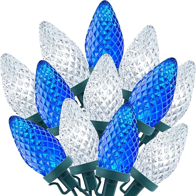 Brightown C9 LED Christmas String Lights, 66ft 100 LED Waterproof Strawberry String Lights, Plug-in Extendable Green Wire Lights String for Outdoor Outside Patio Party Decoration, Blue and White