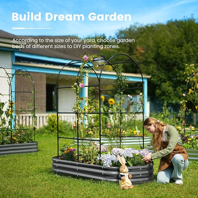 KING BIRD Raised Garden Bed with Arched Trellis Galvanized Planter Garden Box Outdoor for Gardening, Climbing Vegetables, Flowers 5.9x2.95x0.98 Ft, Dark Grey