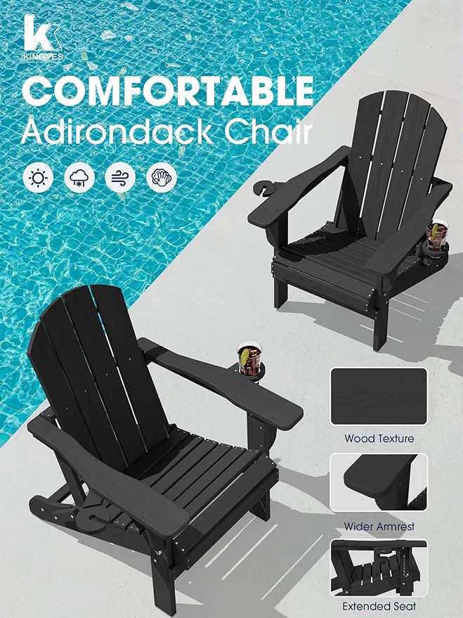 KINGYES Folding Adirondack Chair Set of 8, Dual Cup Holders & All-Weather HDPE, Wood-Like Patio Chair for Backyard, Camping, Pool & Fire Pit, Black