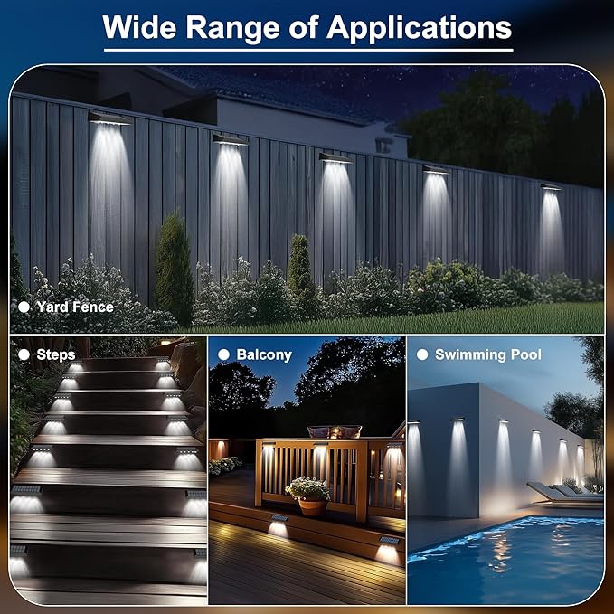 Solar Fence Lights Outdoor Waterproof IP65, 8 Pack Fence Lights Solar Powered 60 Lumens Auto On/Off Step Wall Lights Outside Decorations for Yard, Porch, Patio, Stairs, Pool, Deck, Garden-White Light