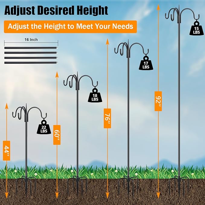 FEED GARDEN [Upgrade Version 92 Inch Three Shepherd Hooks for Outdoor,Bird Feeder Pole with 5 Prong Base, Adjustable Shepard Hooks for Hanging Plant, Solar Lanterns, Wind Chimes, 2 Pack