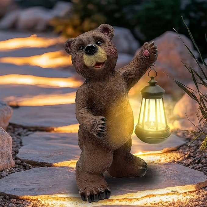 Solar Lantern Garden Statues Decor, Outdoor Bear Figurine Lights for Yard Patio Decoration - Unique Christmas Housewarming Gift for Grandma Wowen Mom Brown