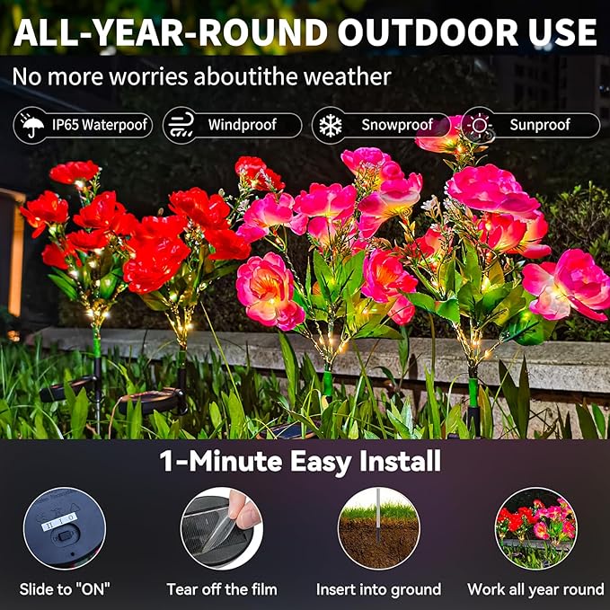 Neporal Solar Flowers Outdoor Waterproof Camellia，4PK 7-Stem Garden Solar Lights Decorative, 2 Decor Lighting Modes, Solar Powered Garden Decor, Solar Yard Decor