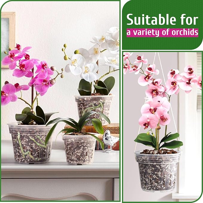 REMIAWY Orchid Pot - 6 Pack Clear Plastic Orchid Pots with Holes, Slotted Flower Planter for Indoor Outdoor Use, 3 Each of 4.1 and 4.8 Inch
