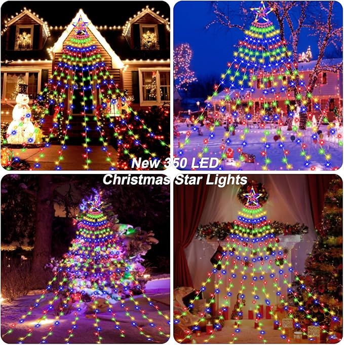 Christmas Decoration Lights, Outdoor Christmas String Lights 320 LED 11.5 Ft Waterfall Tree Lights with Big Star Topper 8 Light Modes for Christmas New Year Holiday Garden Yard Indoor Outdoor Decor