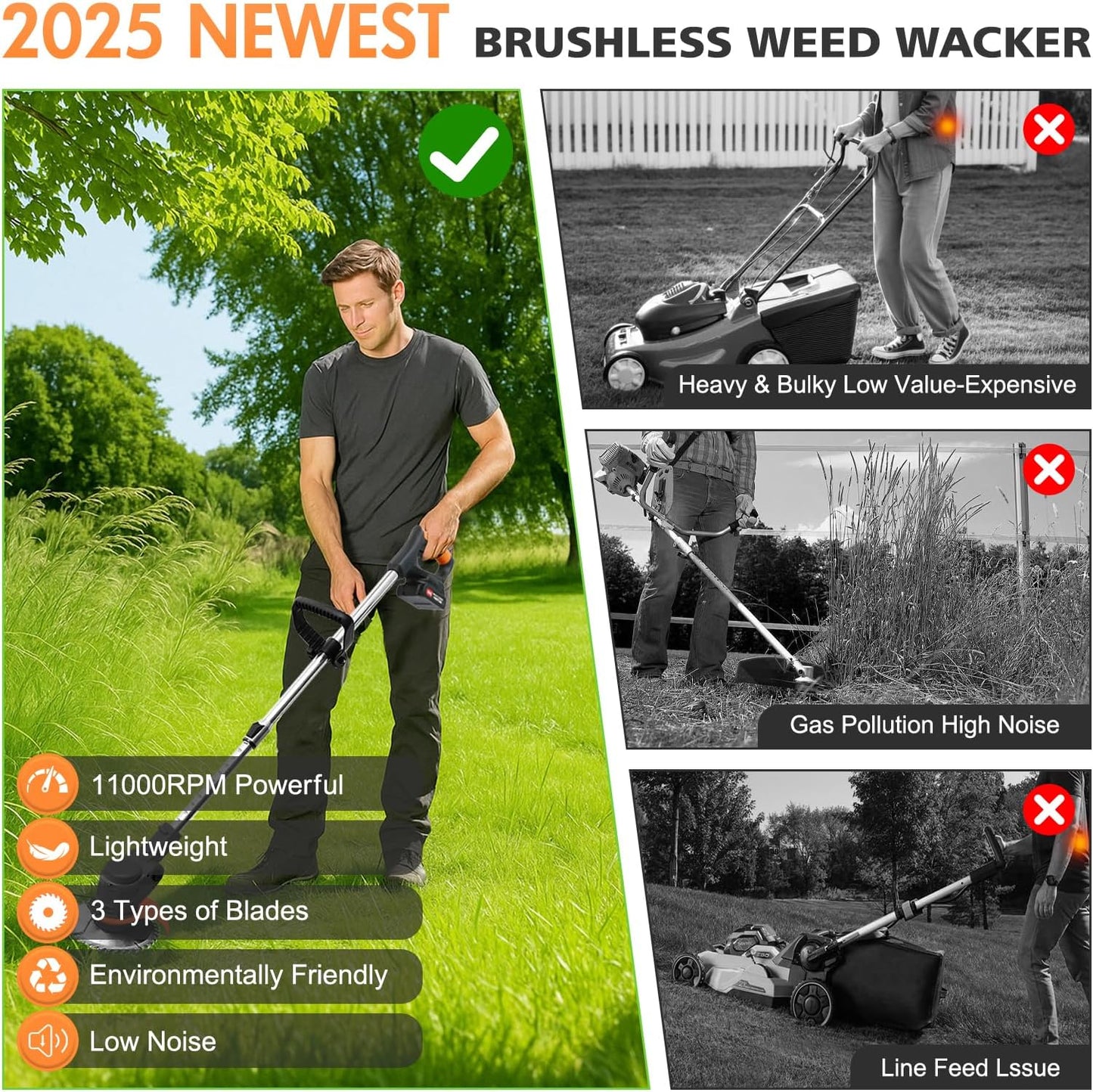 ALSO GO 24V Electric Weed Wacker, Cordless Grass Trimmer with 2 Batteries & Charger, 3 in 1 Stringless Brush Cutter/Weed Eater/Edger/Lawn Mower with 3 Types Blade & Wheels for Garden and Yard Lawn