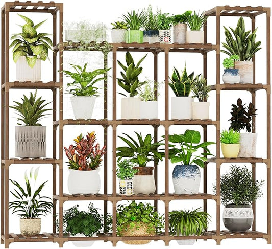 Large Plant Shelf 17 Pots Plant Stand Indoor Outdoor Tall Plant Rack Wood for Indoor Plants Multiple Plant Holder for Patio Balcony Garden Flower Stand Load-Bearing 600 LBS