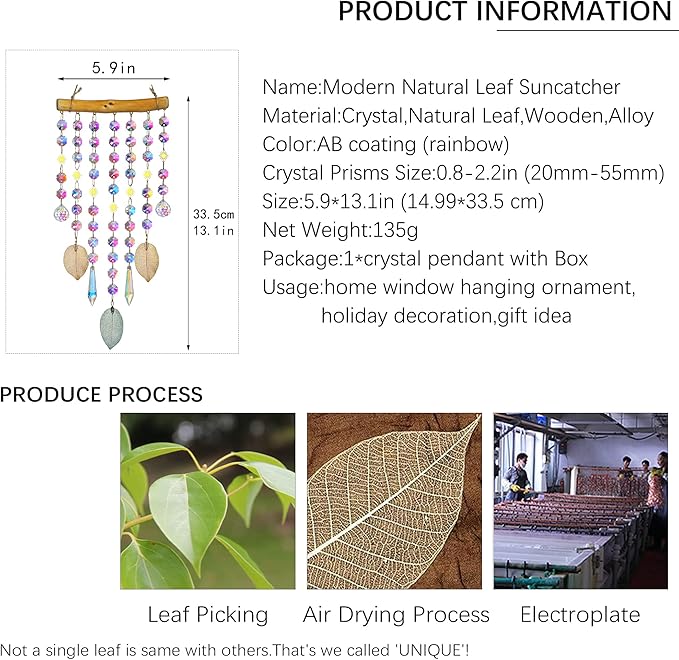 HDCRYSTALGIFTS Hanging Window Suncatcher Rainbow Maker Glass Crystal Mobile Wind Chimes with AB Prisms & Natural Leaf Drops Autumn Home Wall Art Decoration Gift