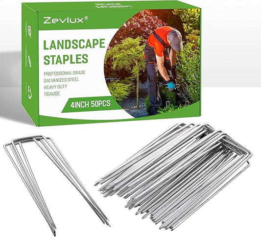 Landscape Staples 4 Inch 50Pcs 12 Gauge Garden Stakes, Heavy Duty Galvanized Garden Staple for Fences, Lawns, Weed Barriers, and Landscape Fabrics, Netting, Irrigation Hose, Floor Mats
