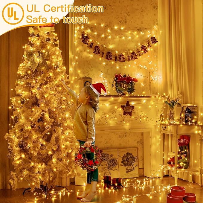Ollny Christmas Lights Outdoor Waterproof, 1000LED 328FT Super Long String Lights with Remote 3 Timer, Plug in 8 Modes Fairy Light for Outside House Bedroom Xmas Decorations, Warm White