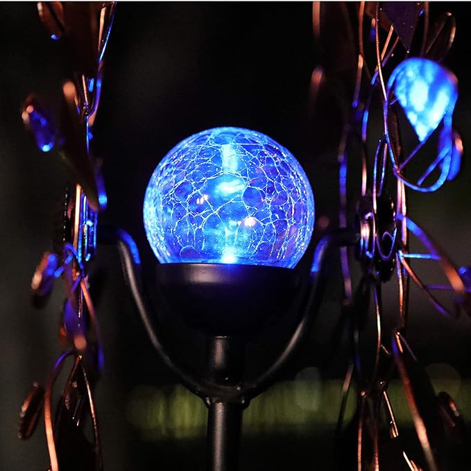 Solar Wind Spinner Multi-Color LED Lighting by Solar Powered Glass Ball with Kinetic Wind Aculptures Dual Direction Decorative Lawn Ornament Wind Mill