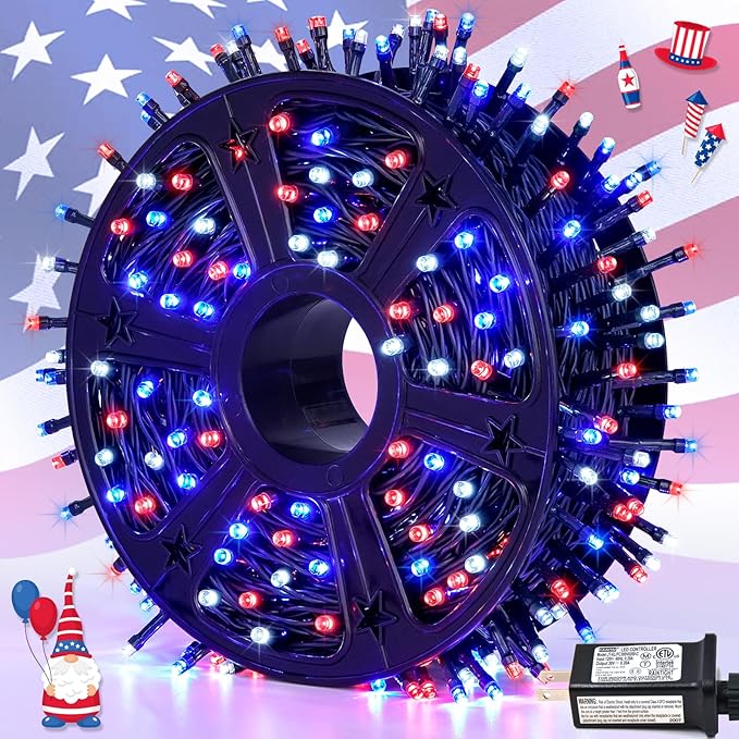 JMEXSUSS 500 LED Red White and Blue Lights 4th of July Decorations, 173ft 8 Modes 4th of July Lights Outdoor, Waterproof Patriotic String Lights Plug in for Memorial Day Independence Day Holiday Decor
