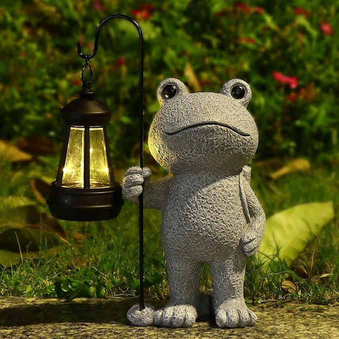 Garden Statue Frog Outdoor Decor, Solar Patio Garden Sculptures & Statues, Resin Garden Decor Gift for Women, Mom, Grandma