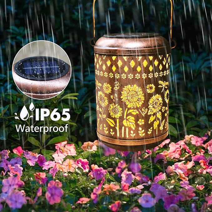 Solar Outdoor Lanterns, Sunflower Garden Decor LED Light Hanging Waterproof Solar Metal Lantern Gifts for Women Mom Grandma Outdoor Decoration for Patio Pathway Yard
