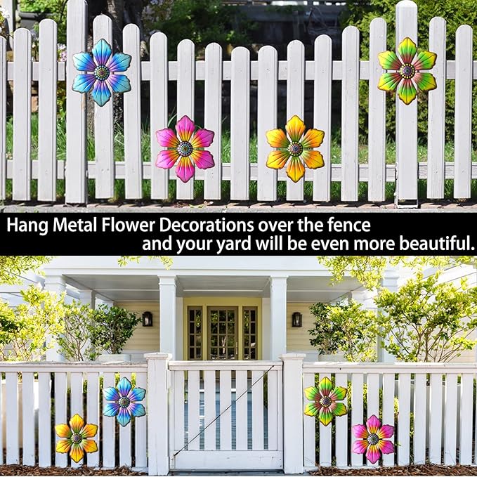 Gooyule Metal Flower Decor, 4-Pack Metal Floral Wall Decor 7 * 6.3 in Colorful Flower Wall Art Indoor Outdoor Hanging Wall Decor Set for Home Office Garden Yard