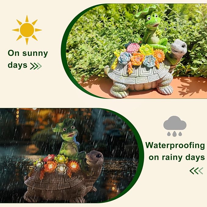 ILLUMINEW Solar Garden Outdoor Statues Turtle& Frog with Succulent and 8 LED Lights, Turtle Carrying Lotus Leaf Frog Figurines, Lawn Decorations for Patio Yard Gifts for Mom Grandma Housewarming