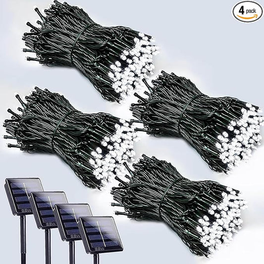 4 Pack 400 LED Solar String Lights for Outside, Solar Christmas Lights Outdoor Waterproof, Green Wire Twinkle Light with 8 Lighting Modes for Xmas Tree Wedding Party Garden Decorations (Cool White)