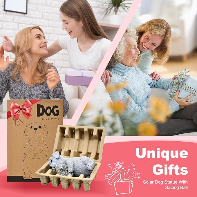 Solar Dog Garden Statues - 8.4 "Dog Decor with Gazing Ball Solar LED Lights, Unique Gifts for Mom Grandma Birthdays, Outdoor Decor for Outside Lawn Porch Patio (Gray)
