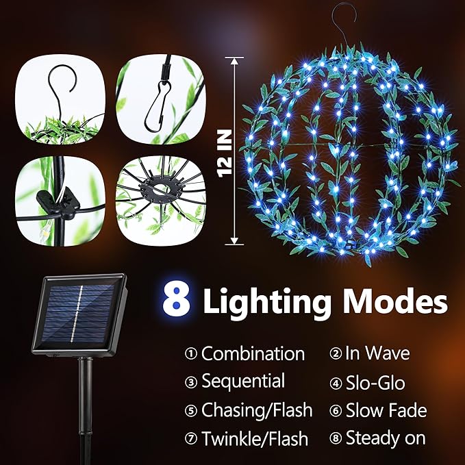 Flacchi Solar Powered Hanging Iron Sphere Lights with Artificial Greenery – 12Inch 120 LED Waterproof Outdoor Decor Ball Light with Timer & 8 Modes – 2 Pack for Garden, Christmas, Weddings(Blue)