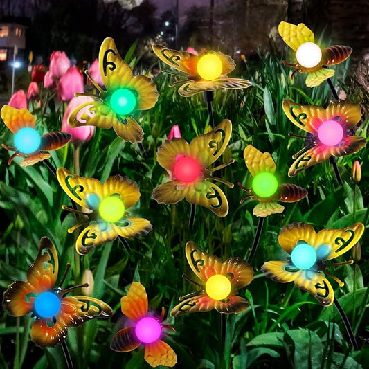 Butterfly Solar Garden Lights - Newest 12 LED Firefly Butterflies Bees Solar Outdoor Lights Swaying Butterfly Light for Yard Patio Pathway Decoration (Multi-Colour)