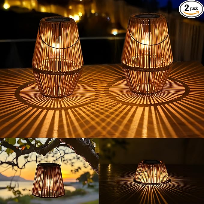 Uspring 2 Pack 3-in-1 Solar Lanterns Outdoor Waterproof Rattan Woven Hanging Solar Lights for Outside with Bright Lamp & LED Bead & 4 Handles, Garden Gifts Decor for Women Mom Patio Yard Porch