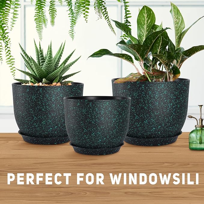 Plant Pots 10/9/8/7.5/7 inch Set of 5,Flower Pots with Multi Mesh Drainage Holes, Large Planters for Indoor Outdoor Garden Plants and Flowers. (Green Speckles)