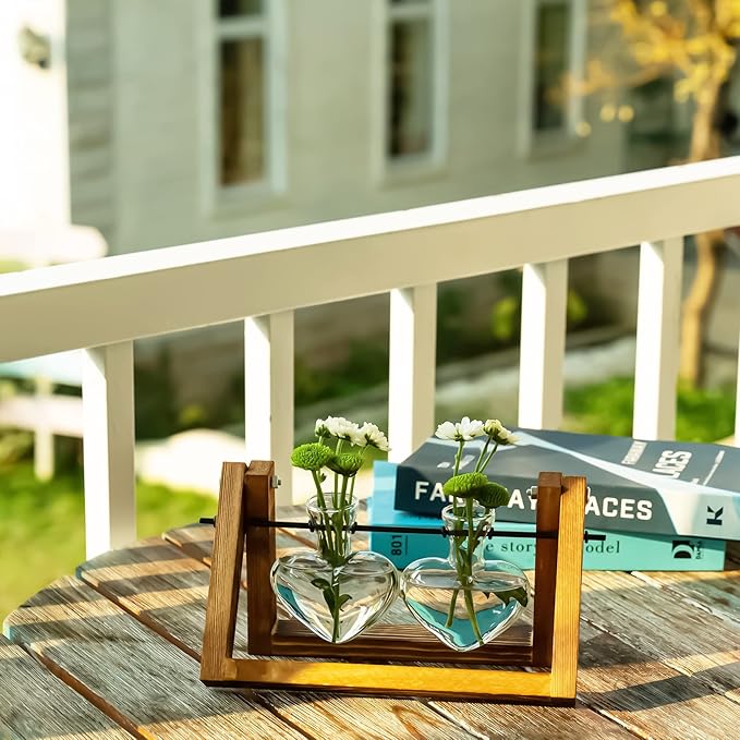 Kingbuy Glass Desktop Planter with Retro Wooden Stand and Plant Terrarium Vase (2 Hearts) for Indoor Home Office Desk Decor Accessories