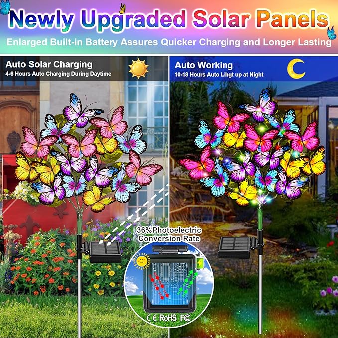 Solar Garden Lights Outdoor Waterproof Solar Lights 2 Pack with New Upgraded 72 LED 34 Butterfly Outdoor Solar Lights for Yard Outside Garden Pathway Decor Gifts for Womens Mother's Day
