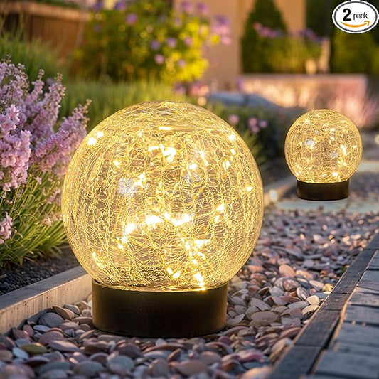 Beautyard Solar Globe Lights Outdoor Large Garden Decor USB Charged 4.72" Diameter 40LED 1000mAh Solar Lights Cracked Glass Globe Power Yard Patio Garden (4.72'' Large 2 Pack Warm White)