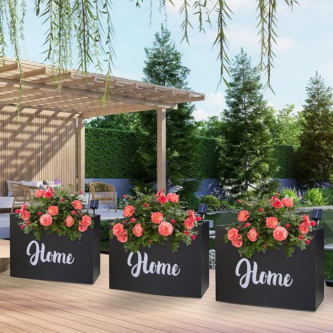 Metal LED Planter Box Rectangular Block - Galvanized Steel Long Planters Box with Solar Light Outdoor All-Weather Use with Drainage Holes for Cafe Bar Mall Patio/Porch/Entrance, 35.5×24×12IN（Home）