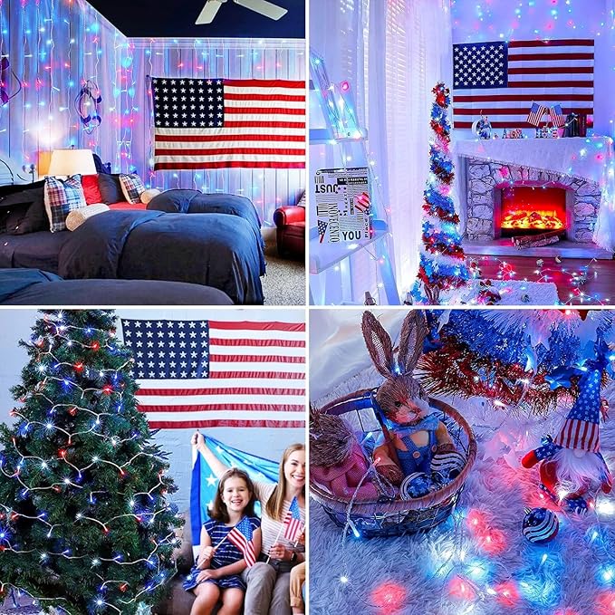 JMEXSUSS 400 LED Red White and Blue Lights Outdoor, 132FT 4th of July Lights Indoor, 8 Modes Patriotic String Light for Memorial Day Independence Day Decoration