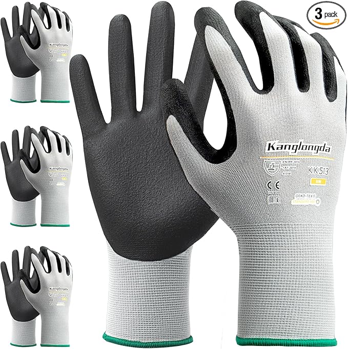 3-Paris Large Work Gloves for Men and Women, Nitrile Coated Safety Protective Gloves with Grip, Ideal for Gardening, Warehouse, Mechanic, Light Duty Construction Work
