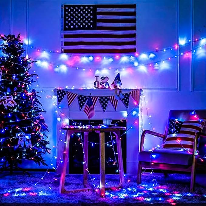 EEW 2pk Red White and Blue Solar String Lights Outdoor Waterproof, Solar Powered LED Patriotic Lights 200 LED, Solar Tree Lights for Independence Day Decor 4th of July Memorial Day Decorations