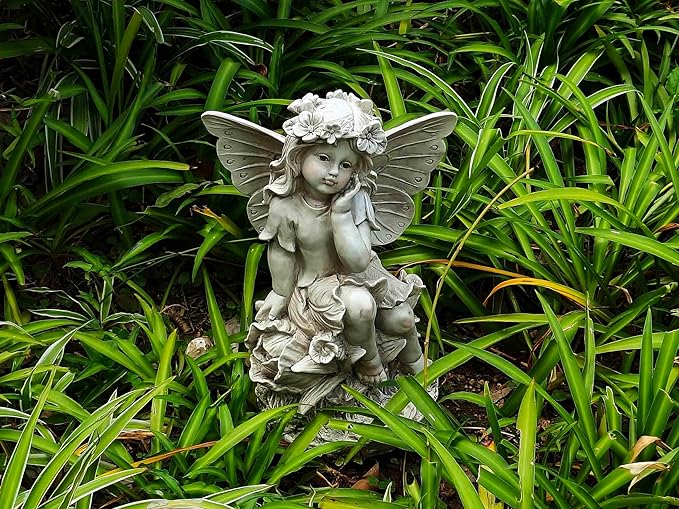MeritMode 12.8" Fairy Garden Outdoor Guardian Angel Statue - Waterproof Resin with Flower Base, Unique for Patio, Balcony & Yard Decor
