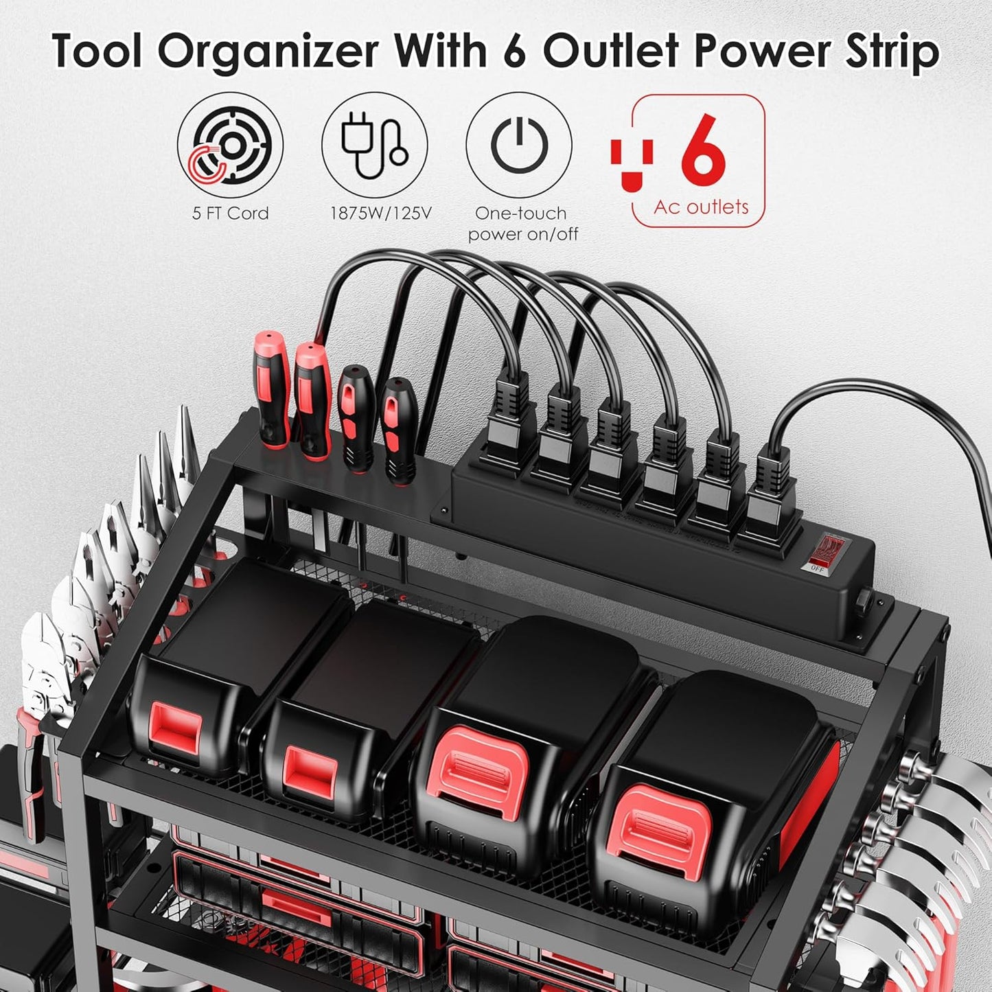 Power Tool Organizer Wall Mount with Charging Station, 4 Layer Storage Rack and Tool Holder for Garage Organization, 6 Drill Holder Wall Mount, 4 Hooks and 6 Outlet Power Strip, Great Men's Gift