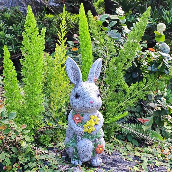 Solar Easter Rabbit Statue - Rock-Like Design with Flower Lamp Beads Woman Gifts Resin Easter Bunny Sculpture for Indoor and Outdoor Statue Decor, Garden Decoration