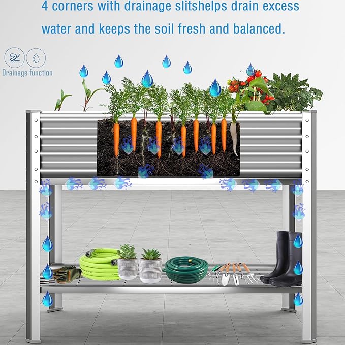 Raised Garden Bed with Legs, Galvanized Raised Planter Box with Storage Shelf and Drainage Holes, 48×24×32 Inch Large Metal Garden Bed Kit for Balcony, Backyard, Patio Lasts for Years of Use.